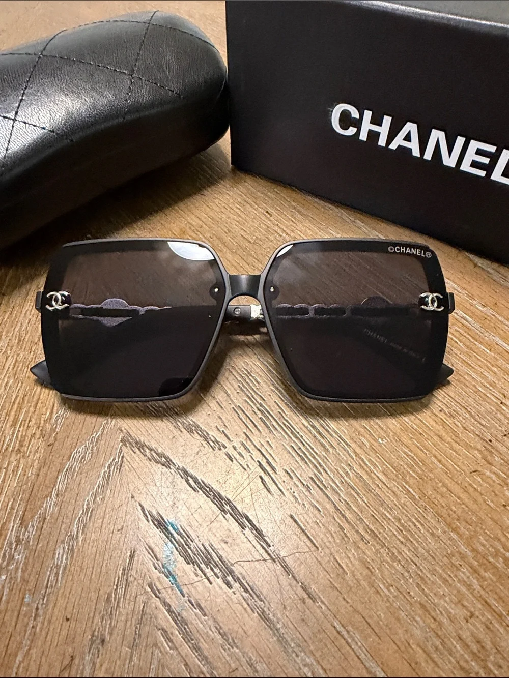 CHANEL Oversized Black Square Sunglasses with Silver CC Accents